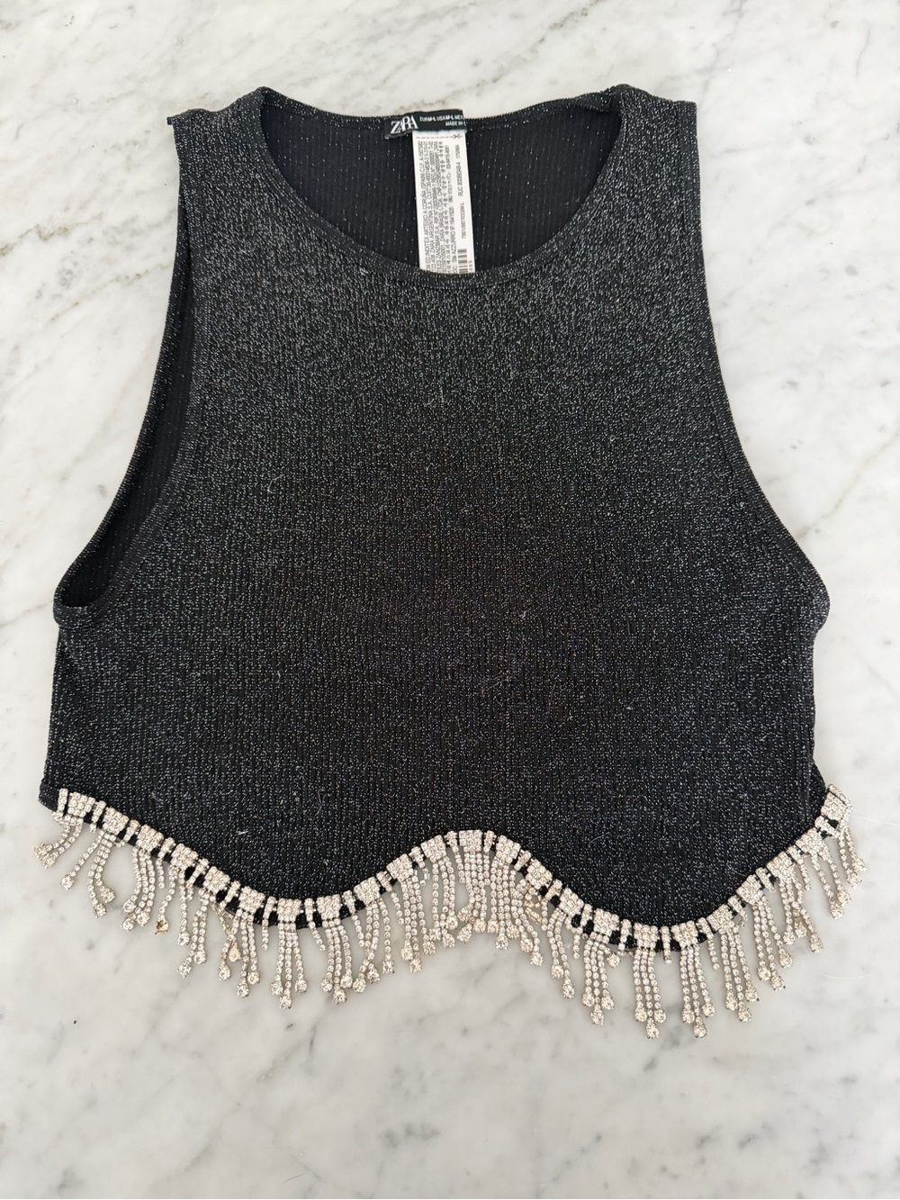 Zara Black Metallic Knit Tank Top with Beaded Fringe